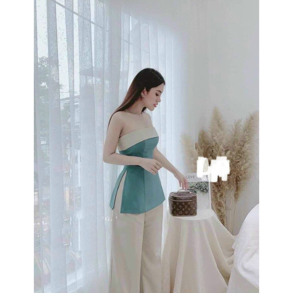 Set Bộ Áo Cúp Ngực Xẻ Tà Và Quần Dài Rose Fashion