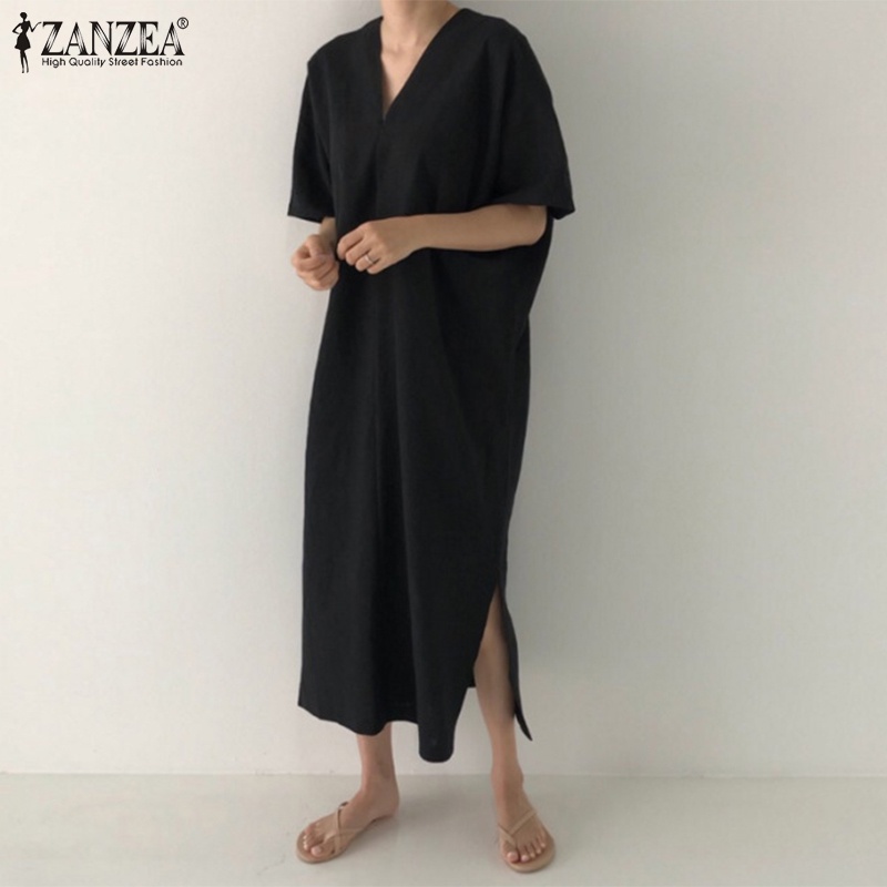 Đầm maxi ZANZEA màu trơn cổ V tay lỡ xẻ tà thời trang cho nữ
