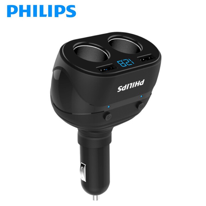 Tẩu sạc ô tô, xe hơi Philips cao cấp DLP3521 2 tẩu tròn, 2 cổng USB - Bảo hành chính hãng