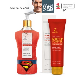 Bộ Sữa Tắm Sáng Da Tẩy Trang 250g + Kem Trang Điểm Trắng Da Collagen+ Chống Nắng 100g BS LANGCE dành cho Nam