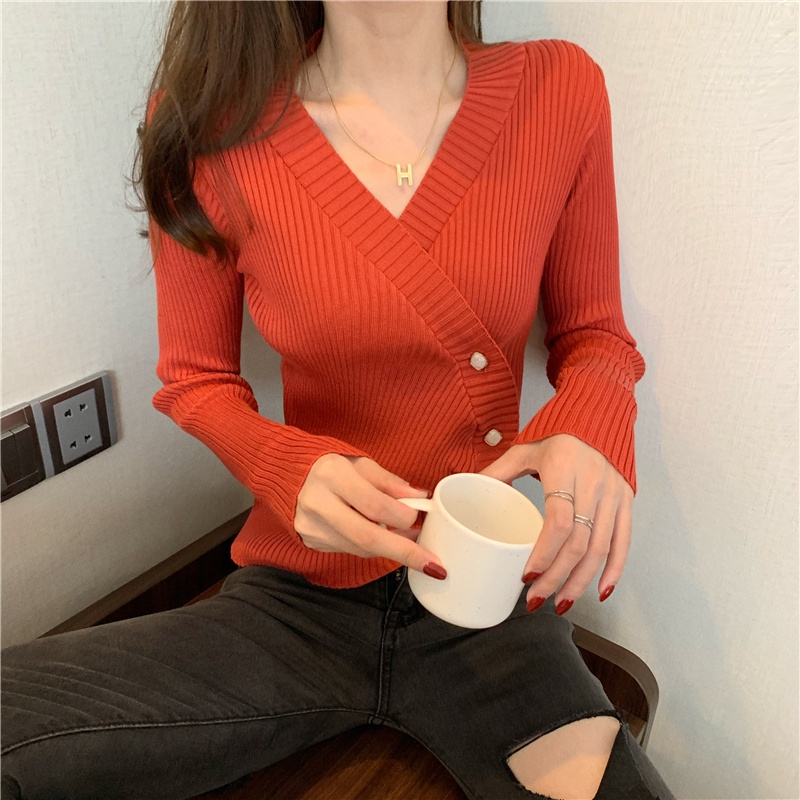 SUXI Áo dệt kim cổ V tay dài thời trang Pháp phong cách mùa thu thanh lịch cho nữ