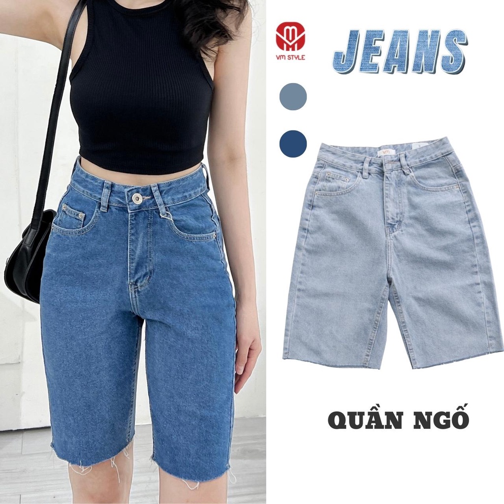 Quần ngố jean nữ trơn lai tua VM STYLE (không co giãn), quần bò lửng ống rộng lưng cao ulzzang N26 22LJU02AS2601