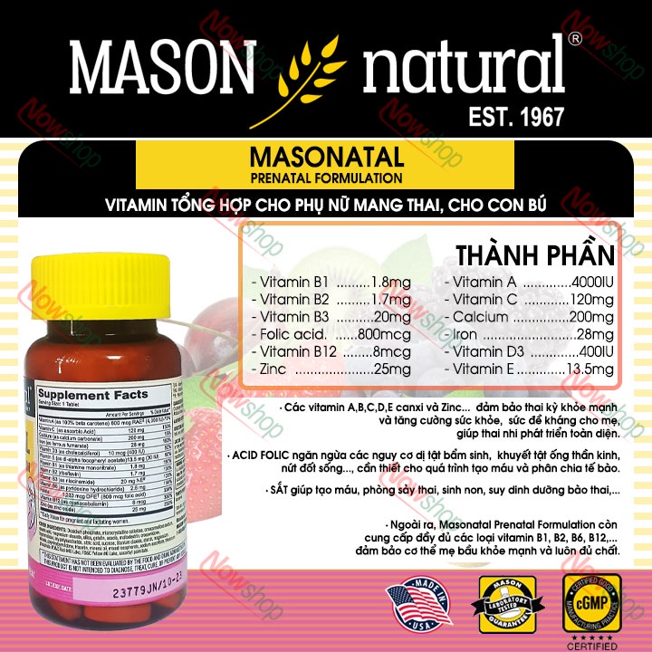 Viên uống bổ sung vitamin tổng hợp cho phụ nữ mang thai và cho con bú Mason Natural Masonatal Prenatal Formulation 100v