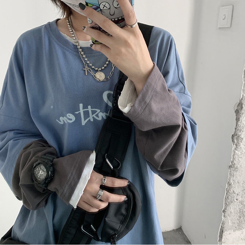 Áo Thun Tay Dài Giả Hai Lớp Phong Cách Hip Hop Hàn Quốc Cho Nam