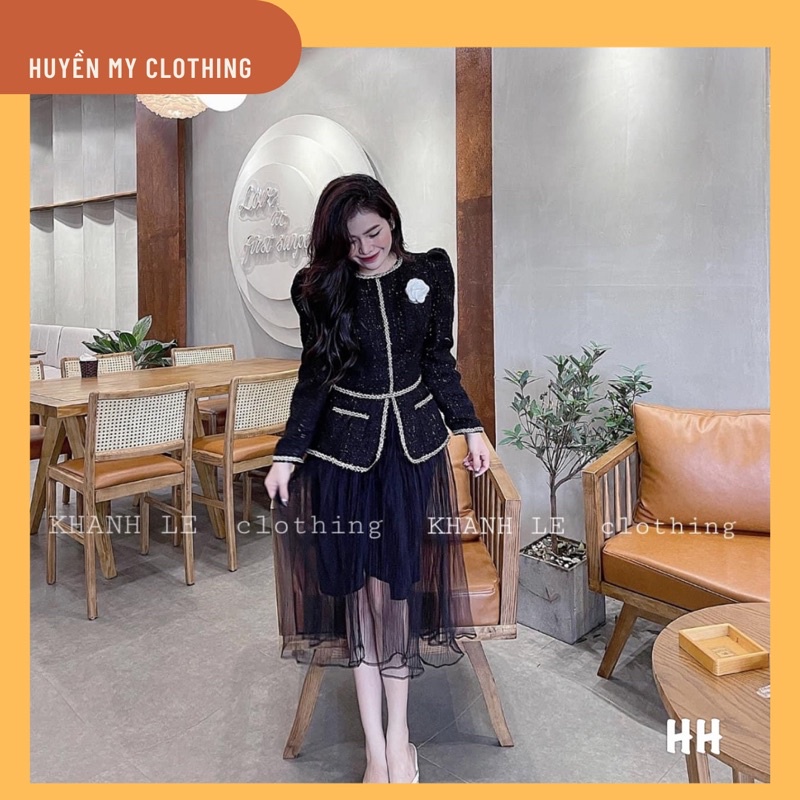 Sét áo dạ tweed +chân vây voan tầng siêu sang chảnh kèm tang hoa