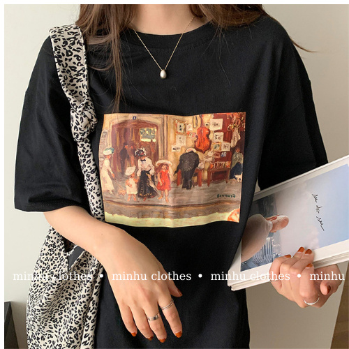 Áo phông nữ form rộng tay lỡ in hình dân gian chất cotton thoáng mát MINHU CLOTHES - AT05