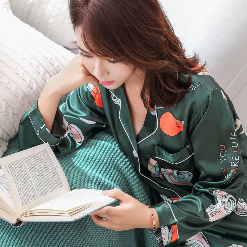 Summer Couple Silk Ice Silk Camera Pajamas Print Long Sleeve Casual Korean Loose Home Pajamas Set