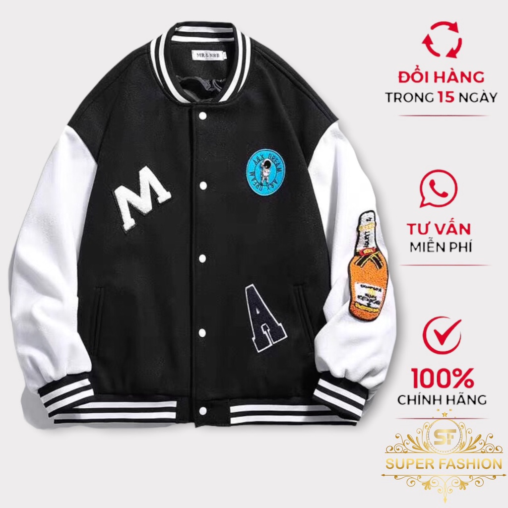 Áo Khoác Bomber Super Fashion Nam Nữ Nỉ Fom Rộng Dày Đẹp Phối Chữ M Hot Trend