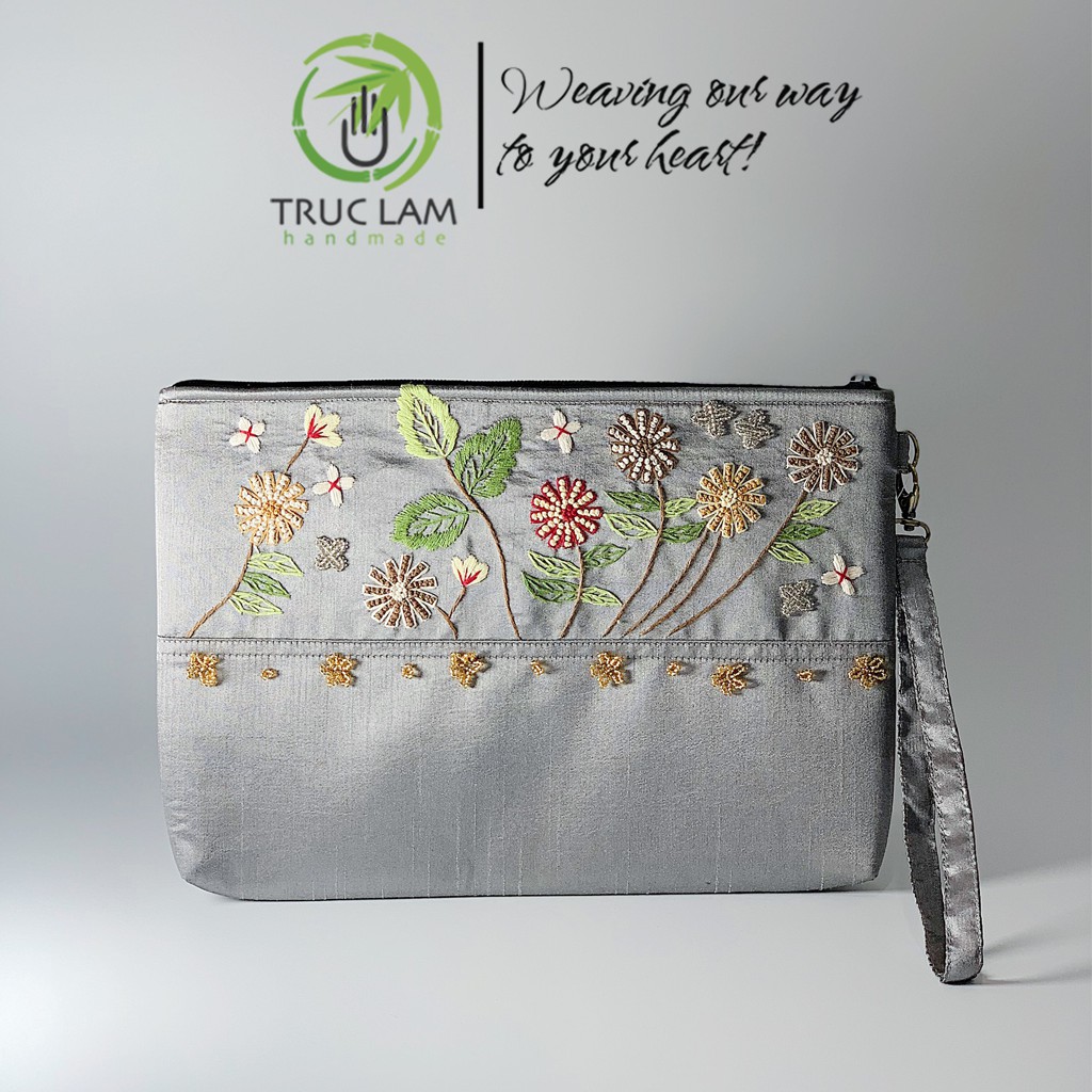 Ví Cầm Tay Đựng Ipad Clutch Vải Tafta Thêu Cành Hoa Hạt Cườm Thủ Công Cỡ To - Trúc Lâm Handmade