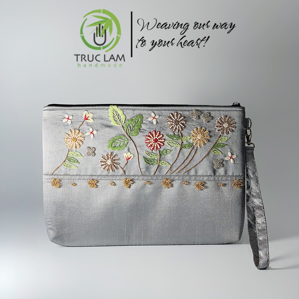 Ví Đựng Ipad Clutch Cầm Tay Thêu Cành Hoa Đính Hạt Cườm Vải Tafta Cỡ To - Trúc Lâm Handmade