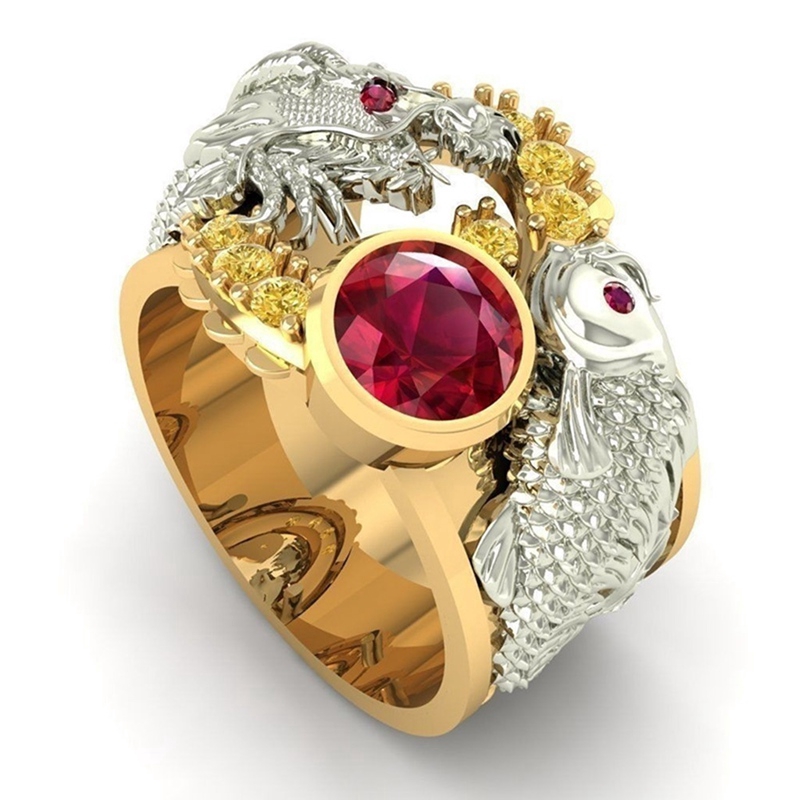 flowersqueen Nhẫn nam Ruby Topaz cá chép koi may mắn phong cách dân tộc châu Á ...