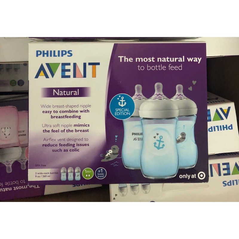 Bình sữa Avent Natural 260ml Xanh - Hồng hoạ tiết