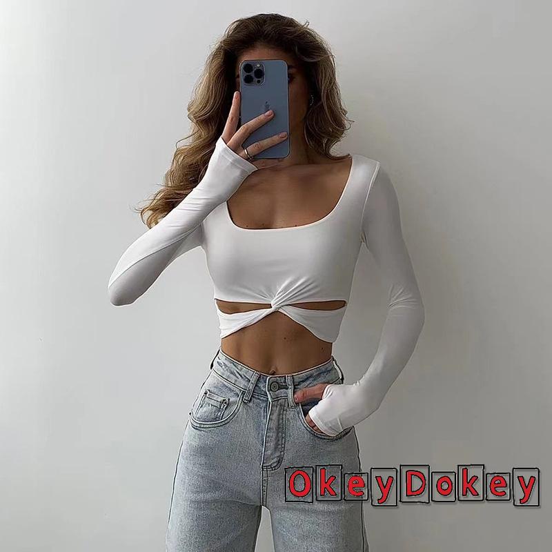 Áo Crop Top Cổ Vuông Tay Dài Màu Trơn Thiết Kế Xoắn Độc Đáo Thời Trang Cho Nữ