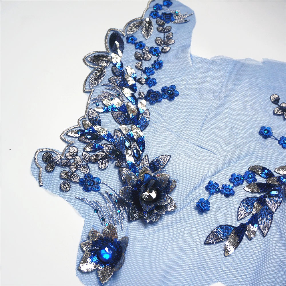 Miếng Vải Ren Thêu Hoa Đính Kim Sa Màu Xanh Dương Lớn Dùng May Vá Quần Áo / Trang Trí Váy Cưới