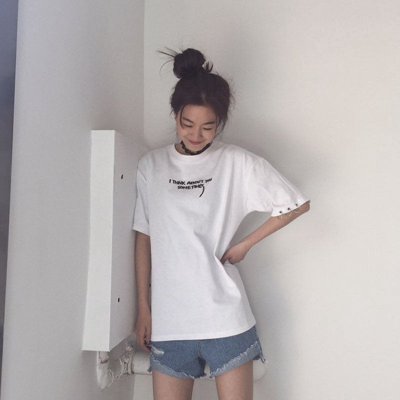 IELGY Korean version of Harajuku style hoop loose letters embroidered short sleeve T-shirt