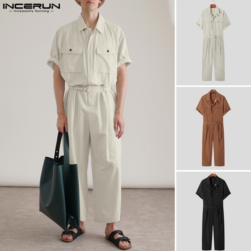 Áo liền quần INCERUN ngắn tay dáng rộng màu trơn thiết kế đơn giản cho nam