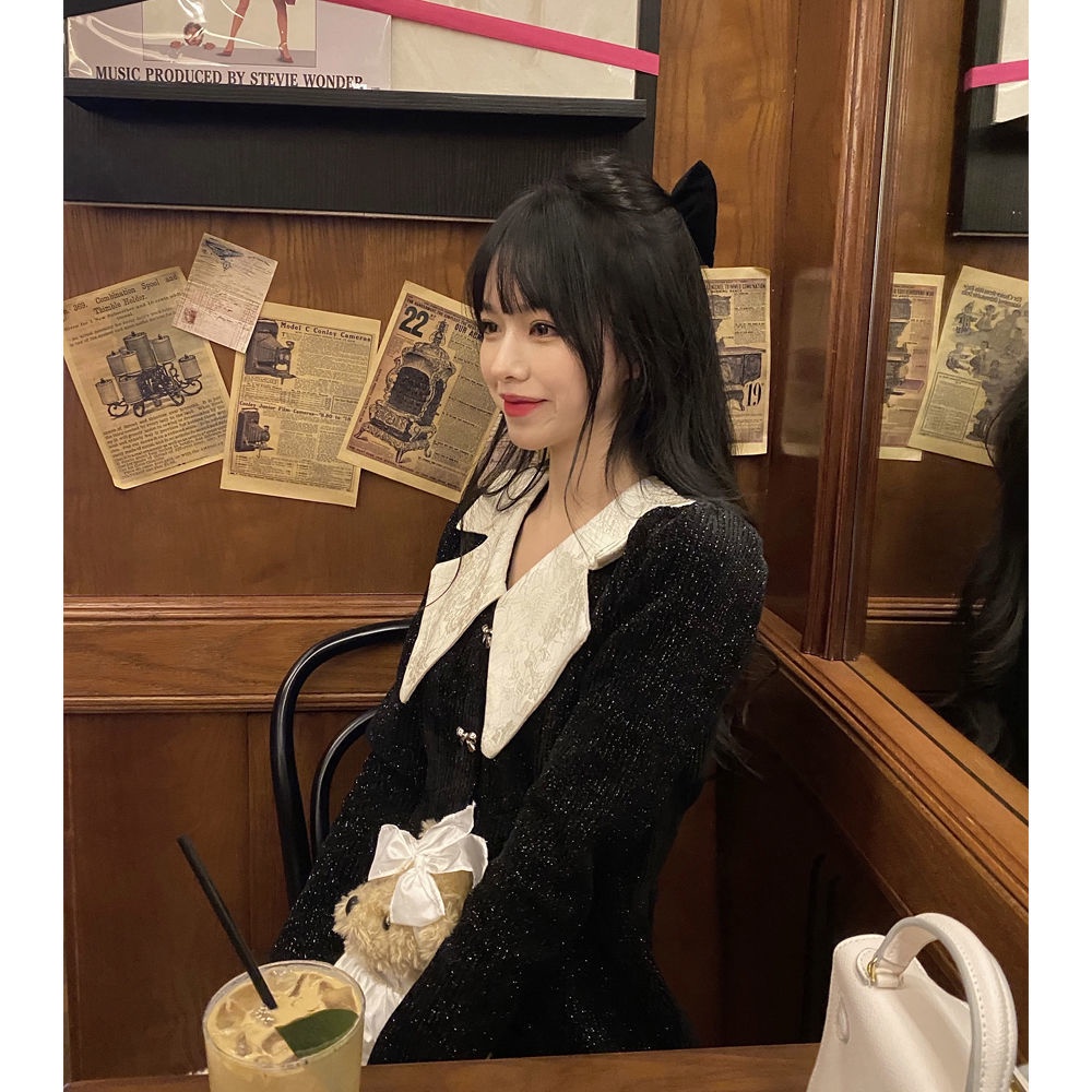 Váy babydoll đầm babydoll One Đầm Nhung Cổ Búp Bê Dáng Chữ A Màu Đen Thời Trang Mùa Đông Dành Cho Nữ