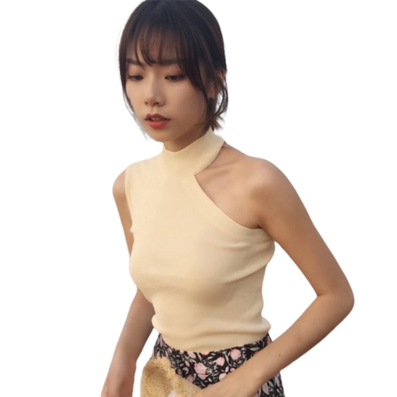 Áo Croptop Dệt Kim Không Tay Cổ Yếm Thời Trang Cho Nữ