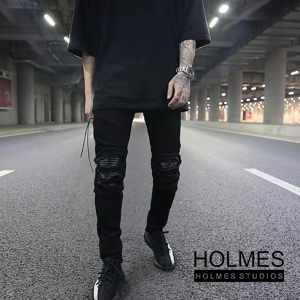 Quần Jean Biker Nam Đáp Da Đầu Gối Màu Đen Cá Tính, Phong Cách Trẻ Trung - Holmes