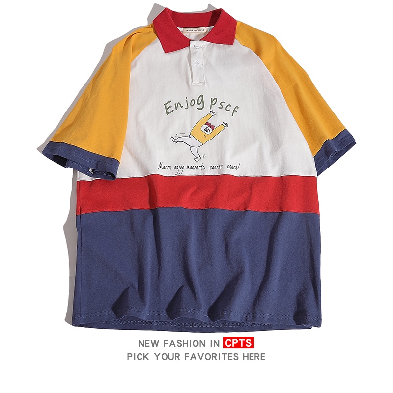 Áo polo Họa Tiết Hoạt Hình Màu Tương Phản Phong Cách Nhật Bản