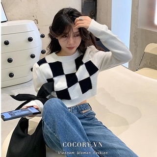 Cocorygirl Áo croptop dài tay cổ tròn dáng rộng họa tiết kẻ ô thời trang cá tính cho nữ