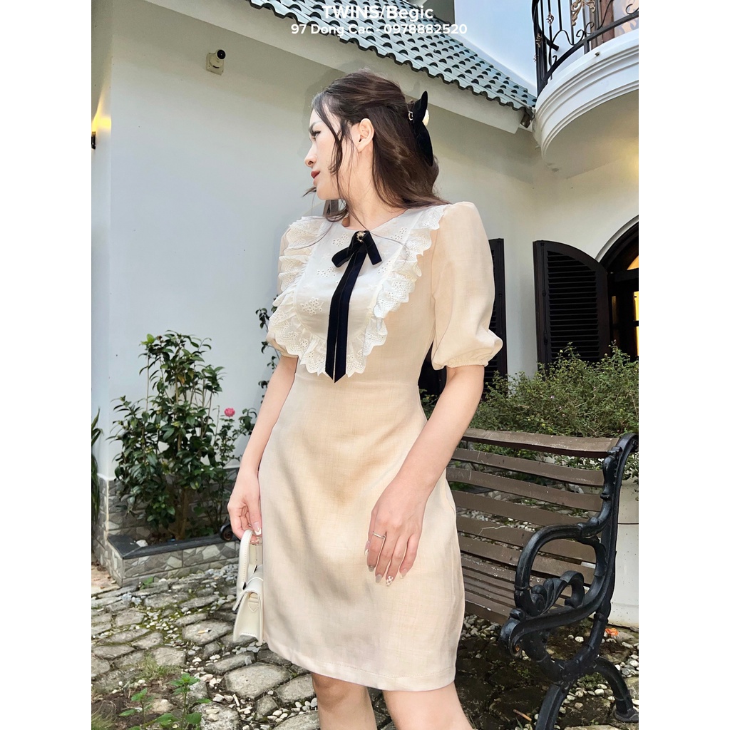 Đầm tay bồng cổ ren trắng kèm tag ( Eun jeon dress by Twins)
