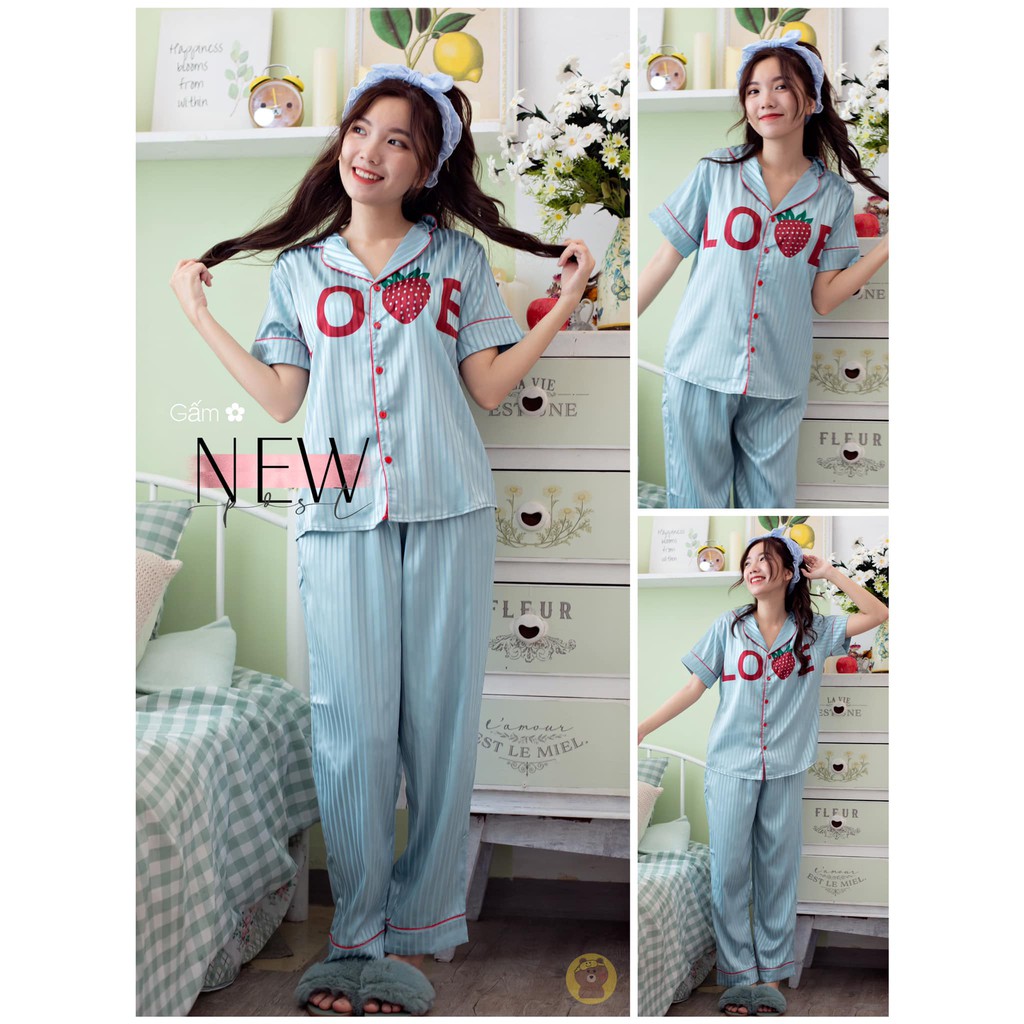 [ Gấm Loại 1] Bộ Đồ Ngủ Nữ Gấm Thời Trang Love-Dâu,Hàng May  Kĩ Mềm Mại-Mát Tay-Không Nhăn | BigBuy360 - bigbuy360.vn