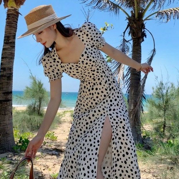 Đầm Dài Tay Phồng Cổ Vuông In Hoa Màu Trắng Phong Cách Pháp Thời Trang Mùa Hè Cho Nữ