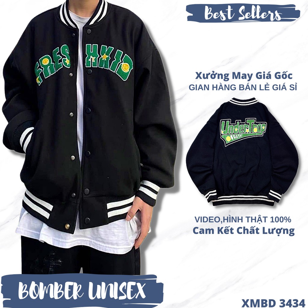 Áo Khoác Bomber Nam Nữ Nỉ Bông Dày Dặn Form Rộng UNISEX Áo Bomber Đôi Thun Nỉ in FRESHXID XANH LÁ - XMBD 3434
