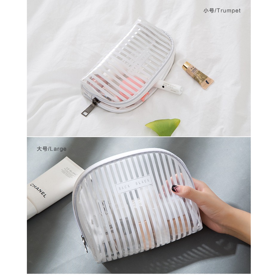 Túi mỹ phẩm [Free ship] sọc trong suốt, 2 khoá kéo trơn, đẹp, tiện lợi.