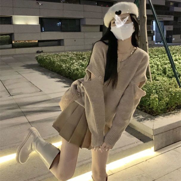Bộ Áo sweater Cổ Chữ V Màu Sắc Trơn Phối Chân Váy Xếp Ly Lưng Cao Ôm Dáng Thời Trang Cho Nữ