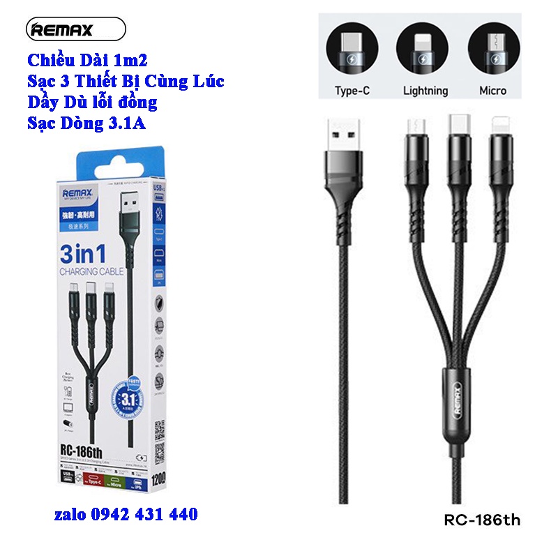 Dây Sạc Đa Năng 💎FREESHIP💎Cáp Sạc Đa Năng 3 Đầu Remax RC-186TH BH Chính Hãng 12 Tháng