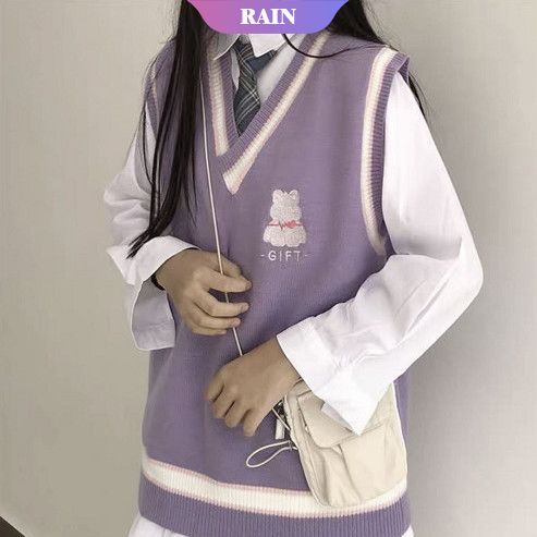 Áo Sweater Dệt Kim Không Tay Cổ Chữ V Dáng Rộng In Hình Gấu Hoạt Hình Màu Tím Thời Trang Cho Thanh Thiếu Niên [RAIN]