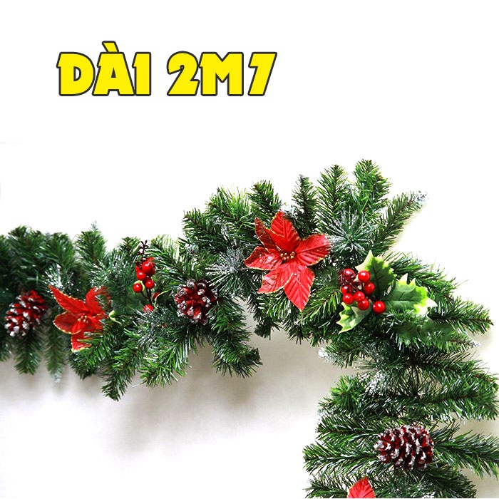 Sợi lá thông trang trí noel giáng sinh 2m7 có quả thông noel trang trí tường, cửa sổ, cửa ra vào, phòng ngủ, phòng khách