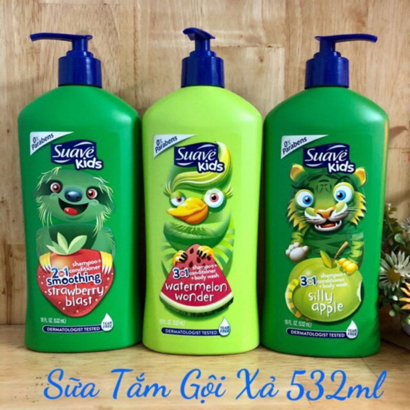 Sữa tắm gội xả Suave Kids 3 in 1 mẫu mới chai có vòi 532ml