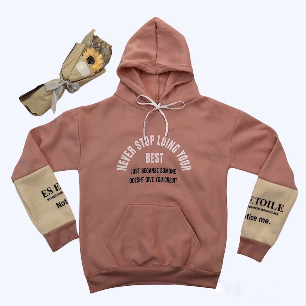 Áo hoodie nỉ cotton quảng châu cao cấp, Áo nỉ vati  in chữ NEVER STOP dáng rộng