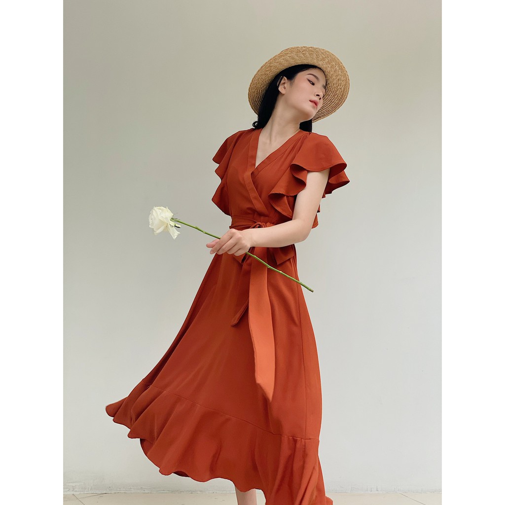 Đầm summer xoè dài macxi cột nơ eo Bow tie Dress ZUKY màu cam đất