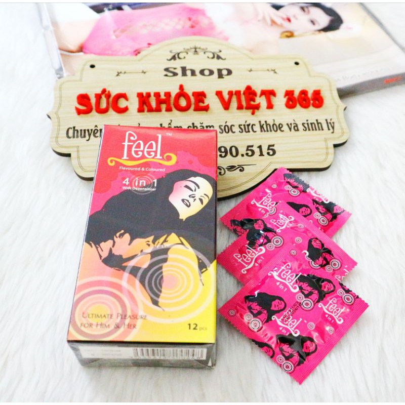 Bao cao su ( condom ) kéo dài thời gian, chống tuột, nhiều bôi trơn, màu hồng hương dâu Feel 4 in 1 (hộp lớn 12 cái)