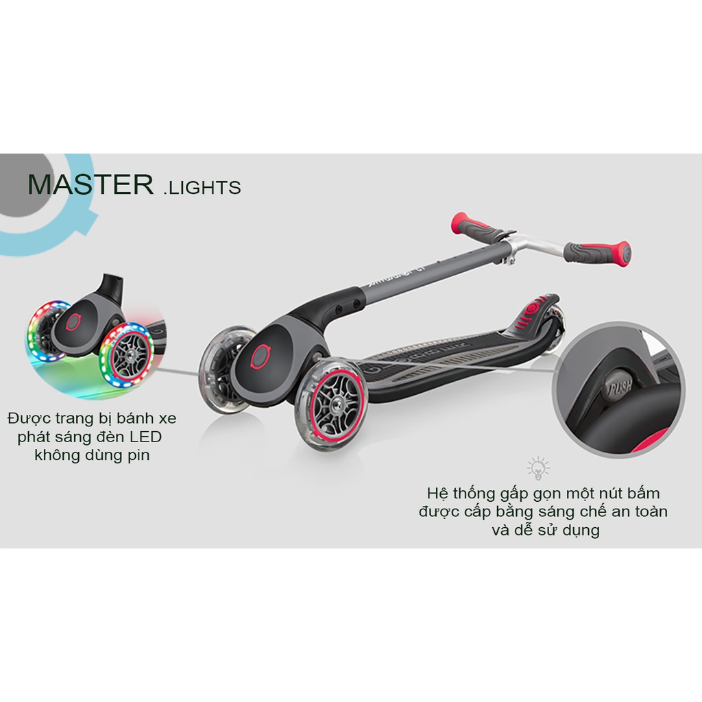 Xe trượt scooter 3 bánh gấp gọn có bánh xe phát sáng Globber Master cho trẻ em từ 4 đến 14 tuổi - Xanh cổ vịt