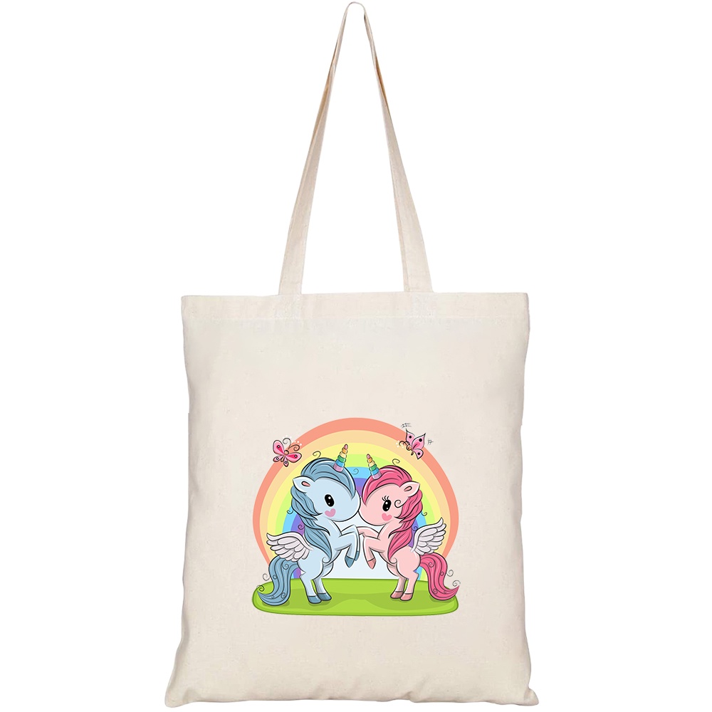 Túi vải tote canvas HTFashion in hình two cute unicorns on rainbow HT546