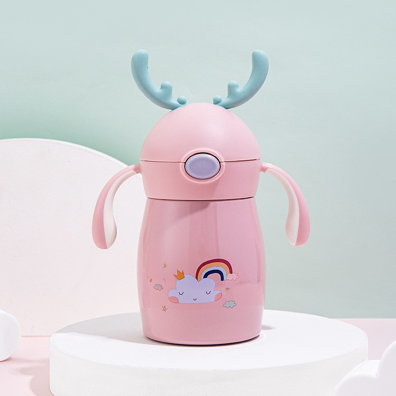 Bình Nước Diller 8952 Từ Thép Không Gỉ 316 280ml Với Tay Cầm Silicon Chống Tràn Có Ống Hút Cho Bé