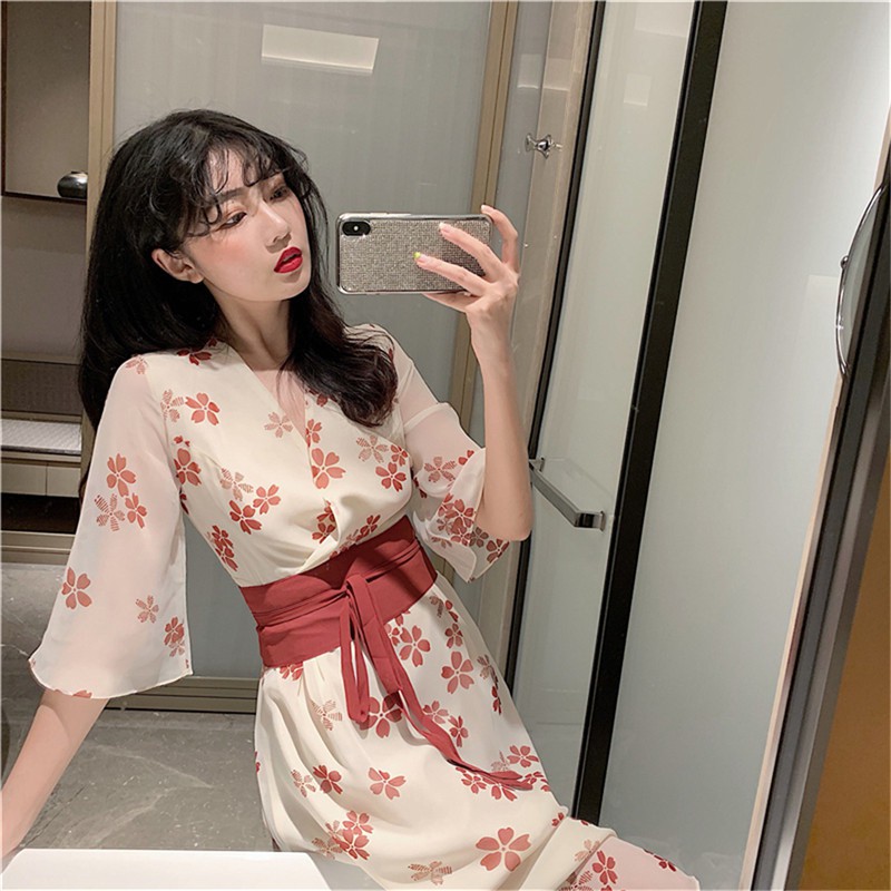 Váy Đầm Voan Kiểu Nhật ⚡️ẢNH THẬT⚡️ Váy Hoa Đỏ Yukata Kiểu Nhật Cực Xinh Chào Hè Cho Các Nàng