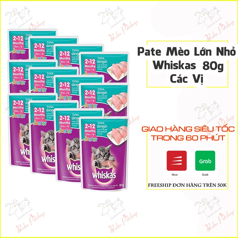 [GIÁ HỦY DIỆT] Pate Whiskas Mèo Con Pate Whiskas Mèo Lớn Pate Mèo Vị Cá Ngừ Cá Thu Túi Hãng 80G - Bobo Pet Shop Hà Nội