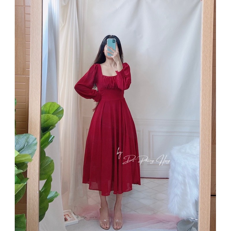 [ẢNH & VIDEO THẬT]_Đầm Midi Voan Chiffon Cổ Vuông Ngực Xếp Ly Freesize 40-60kg HANNHOUSE 1361 | BigBuy360 - bigbuy360.vn