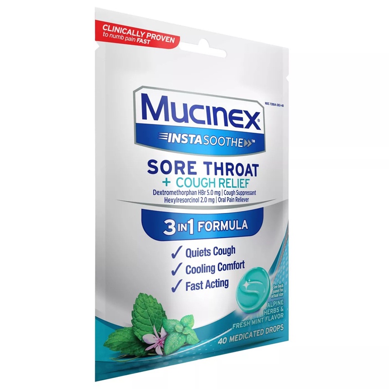 Kẹo ngậm Mucinex Instasoothe Sore Throat - nhiều vị, 40 viên