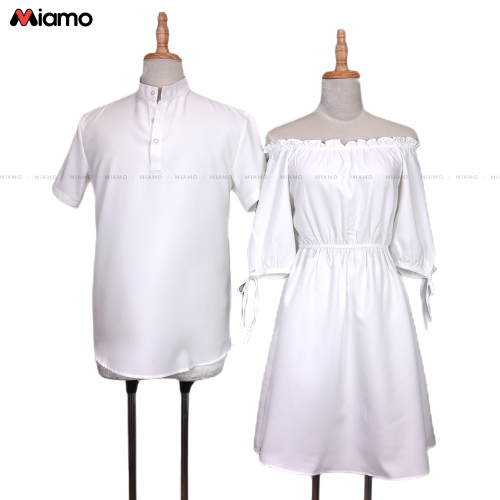 [Freeship] Set đồ đôi couple sơ mi nam - đầm nữ trễ vai thích hợp du lịch, chụp hình cưới thời trang Miamo TN19 (Ảnh thậ