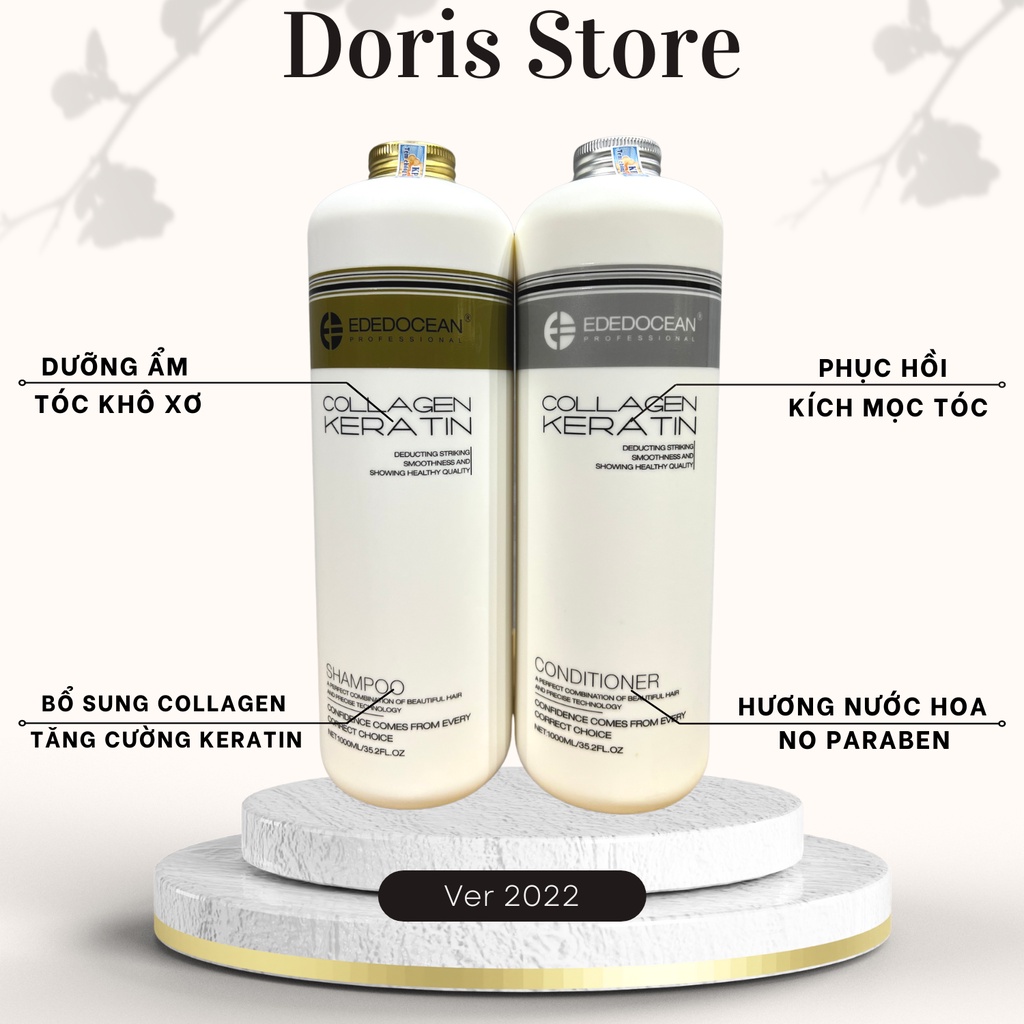 Cặp dầu gội xả keratin Edocean phục hồi tóc khô xơ hư tổn kích thích mọc tóc siêu mềm mượt hương nước hoa 1000ml*2