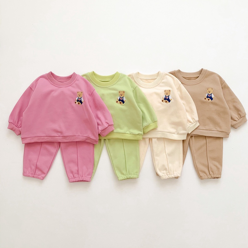 Bộ dài tay thu đông cho bé trai bé gái, Bộ Nỉ hình Gấu Thêu chất da cá cao cấp Sz 7 - 20kg