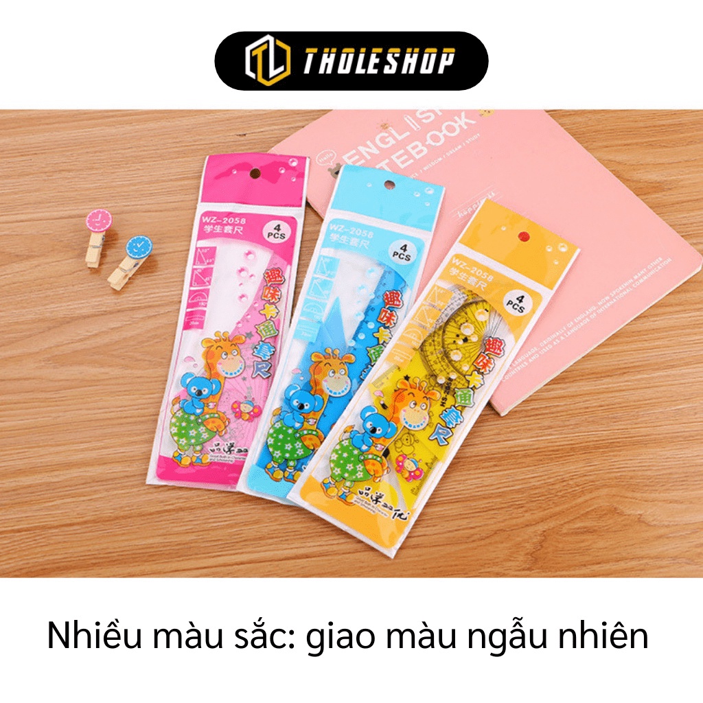 [SGD] Thước Kẻ - Bộ 4 Cây Thước Thẳng 15cm, Eke 45 Độ, Eke 60 Độ, Đo Góc Cho Bé Học 9110