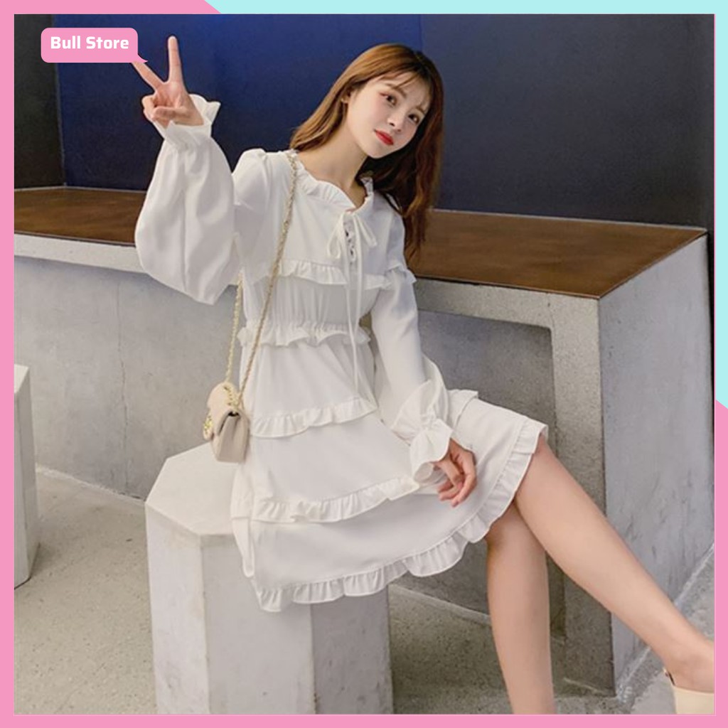 Đầm Nữ Tay Dài Buộc Nơ, Váy Công Sở Dự Tiệc Dáng Xòe Viền Tầng 66 | BigBuy360 - bigbuy360.vn